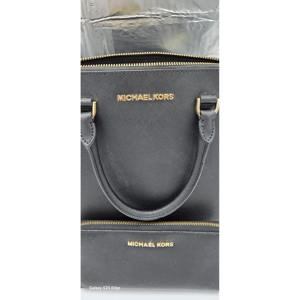 Michael Kors Black Saffiano Leather Dome Satchel Handbag and Wallet Set Gold HW